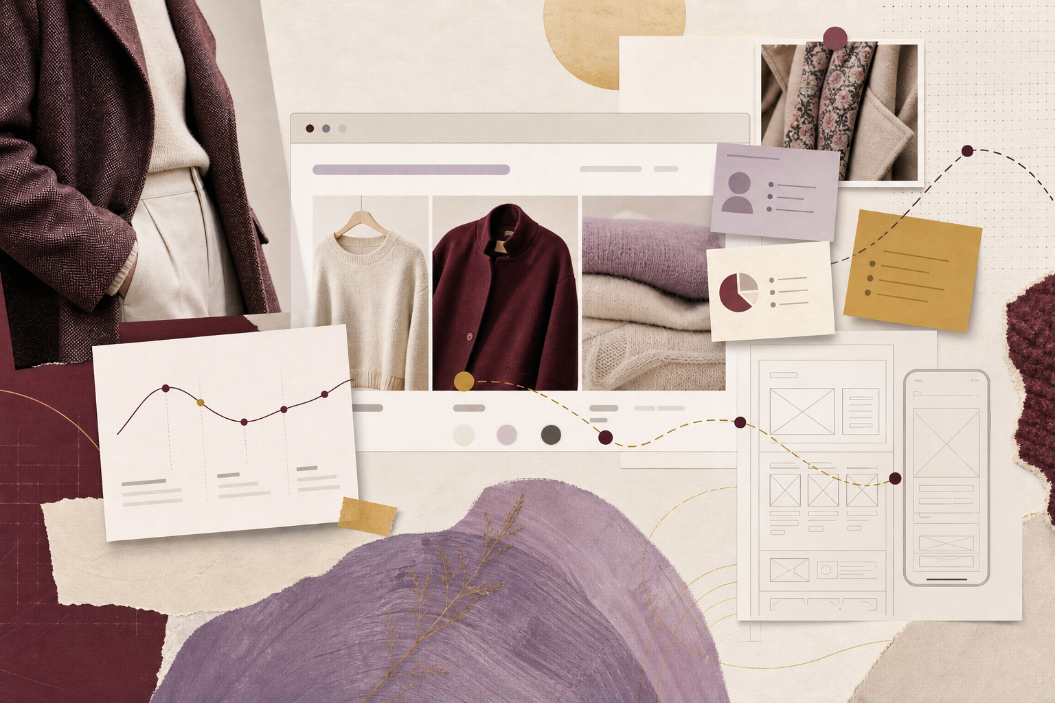 Editorial collage of womenswear ecommerce research, customer evidence and responsive wireframes